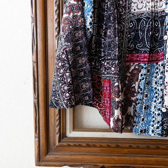 DB Peasant Blouse Size 1X Patchwork Print Pleated Long Sleeve Popover Top Boho - Picture 4 of 6